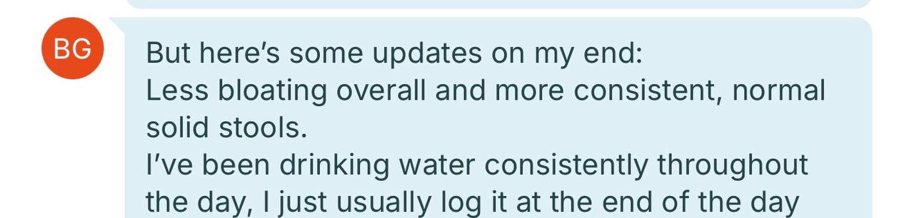 Client testimonial about bloating and stools
